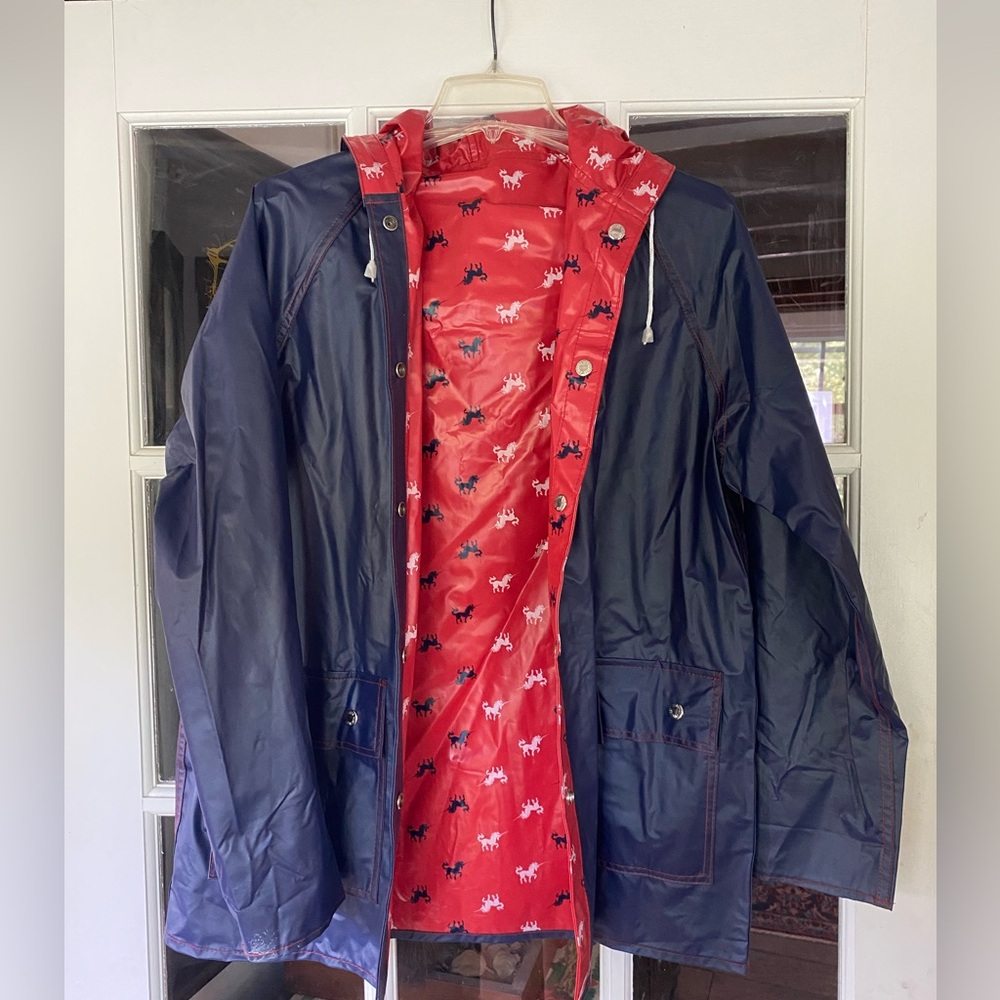 Reversible size medium rain coat whimsical unicorn red and navy blue & hood